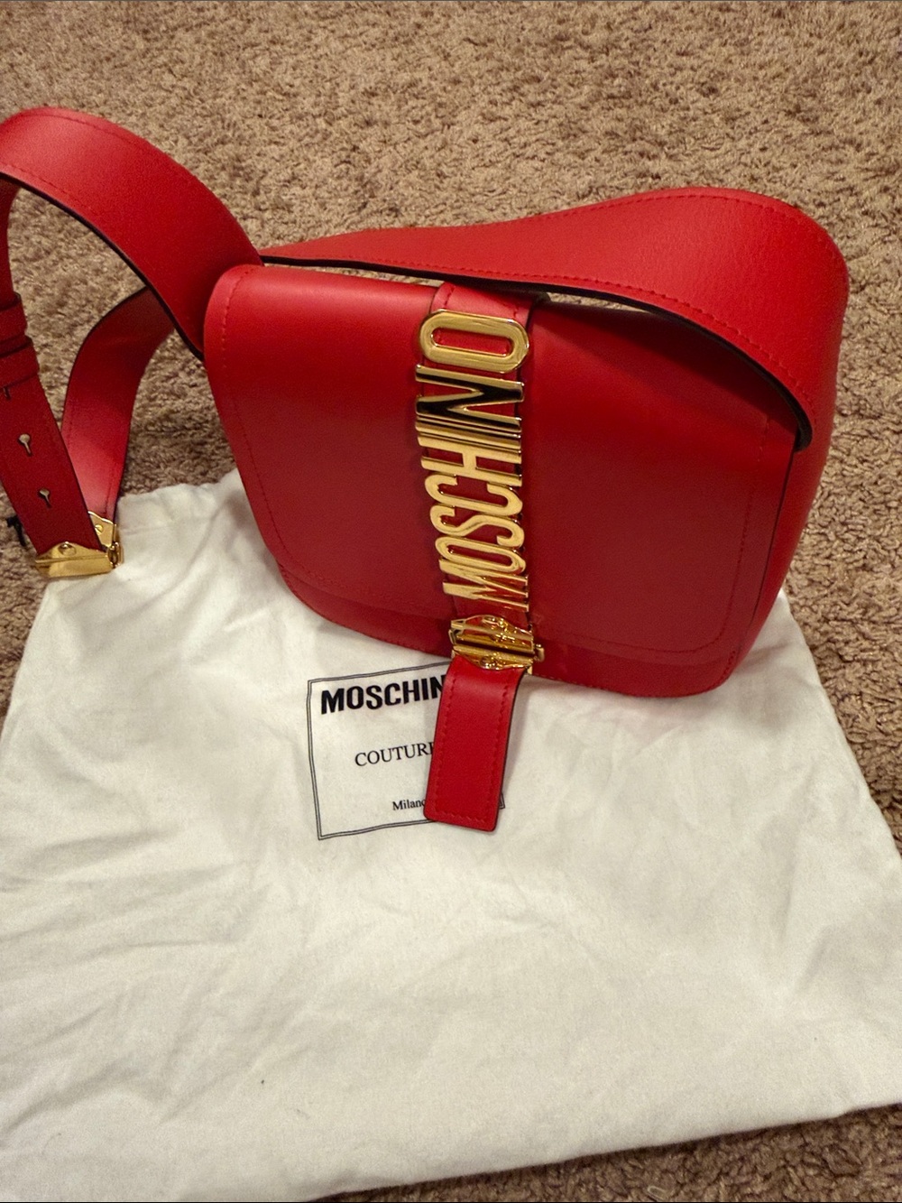 Moschino Red Leather Crossbody with Gold Logo Strap